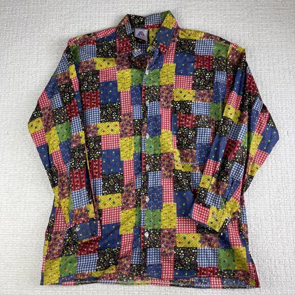 Vintage All Over Print Button Up Shirt PatchWork Floral Hippie Canada Made Men L - Picture 1 of 16